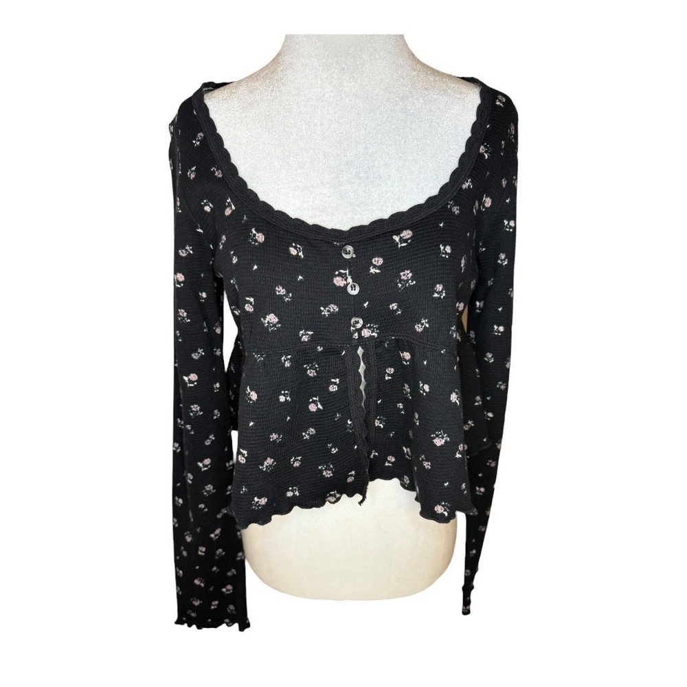 Kirious Los Angeles Floral Thermal Waffle Knit Babydoll Top Black Small NEW